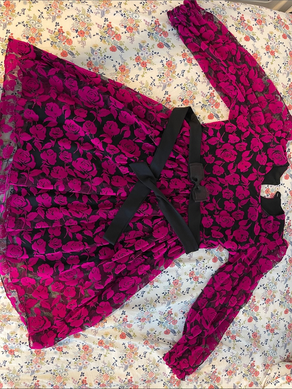 Girls Black & Fuchsia Rose Mesh Dress | Floral Party Dress